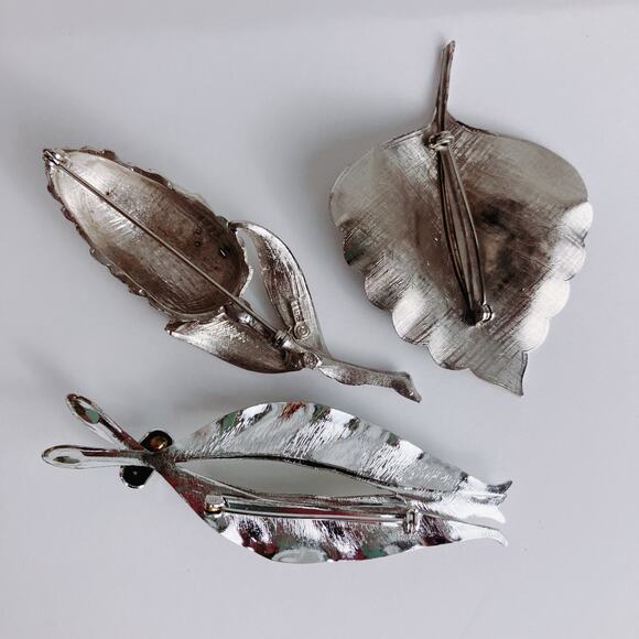 Vintage Signed Pell Brooch Lot Of 3 Mid Century Silver Tone Leaf Pin Jewelry - Picture 9 of 13